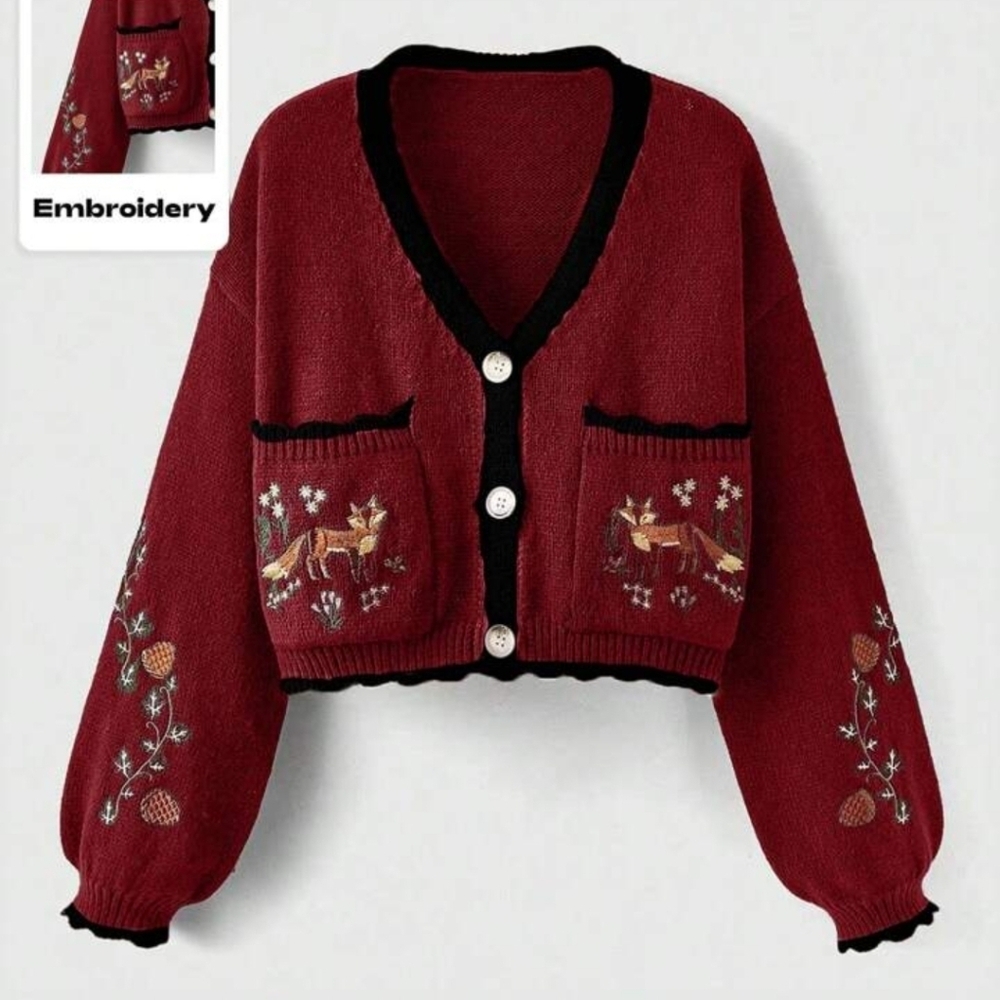 NEW Romwe FREE PEOPLE Fairycore Fox Embroidery Drop Cottage Shoulder Cardigan M